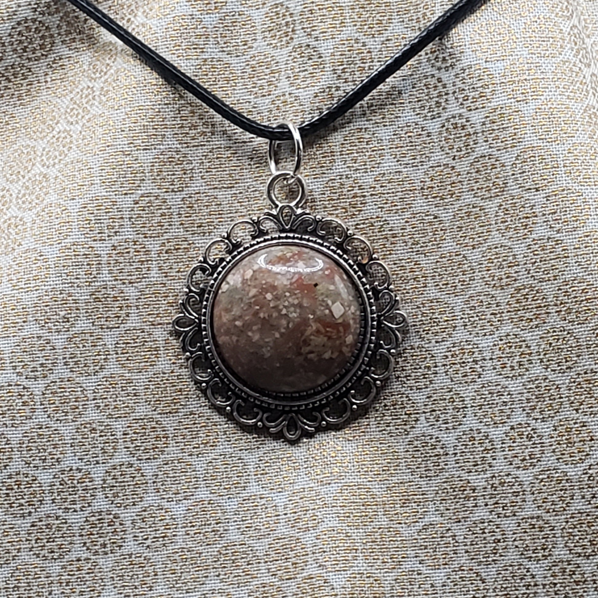 Spotted Mottled Jasper Crystal 1" Round Natural Stone Pendant Necklace 20" black cord (CJ00003) Simply CBD LLC