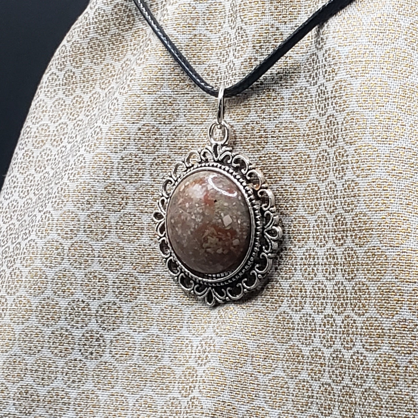 Spotted Mottled Jasper Crystal 1" Round Natural Stone Pendant Necklace 20" black cord (CJ00003) Simply CBD LLC