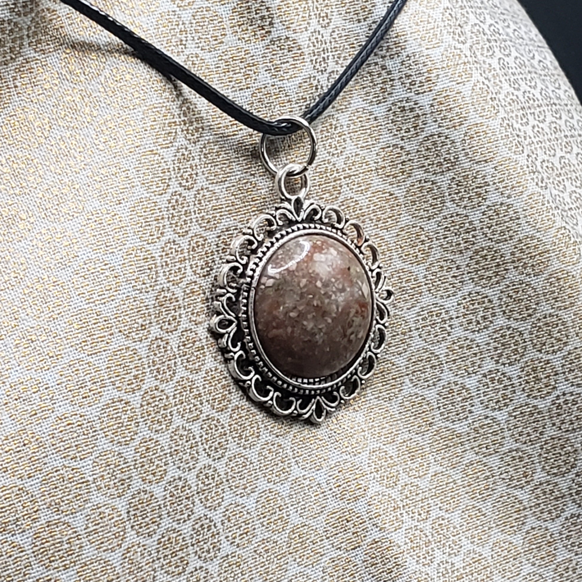 Spotted Mottled Jasper Crystal 1" Round Natural Stone Pendant Necklace 20" black cord (CJ00003) Simply CBD LLC