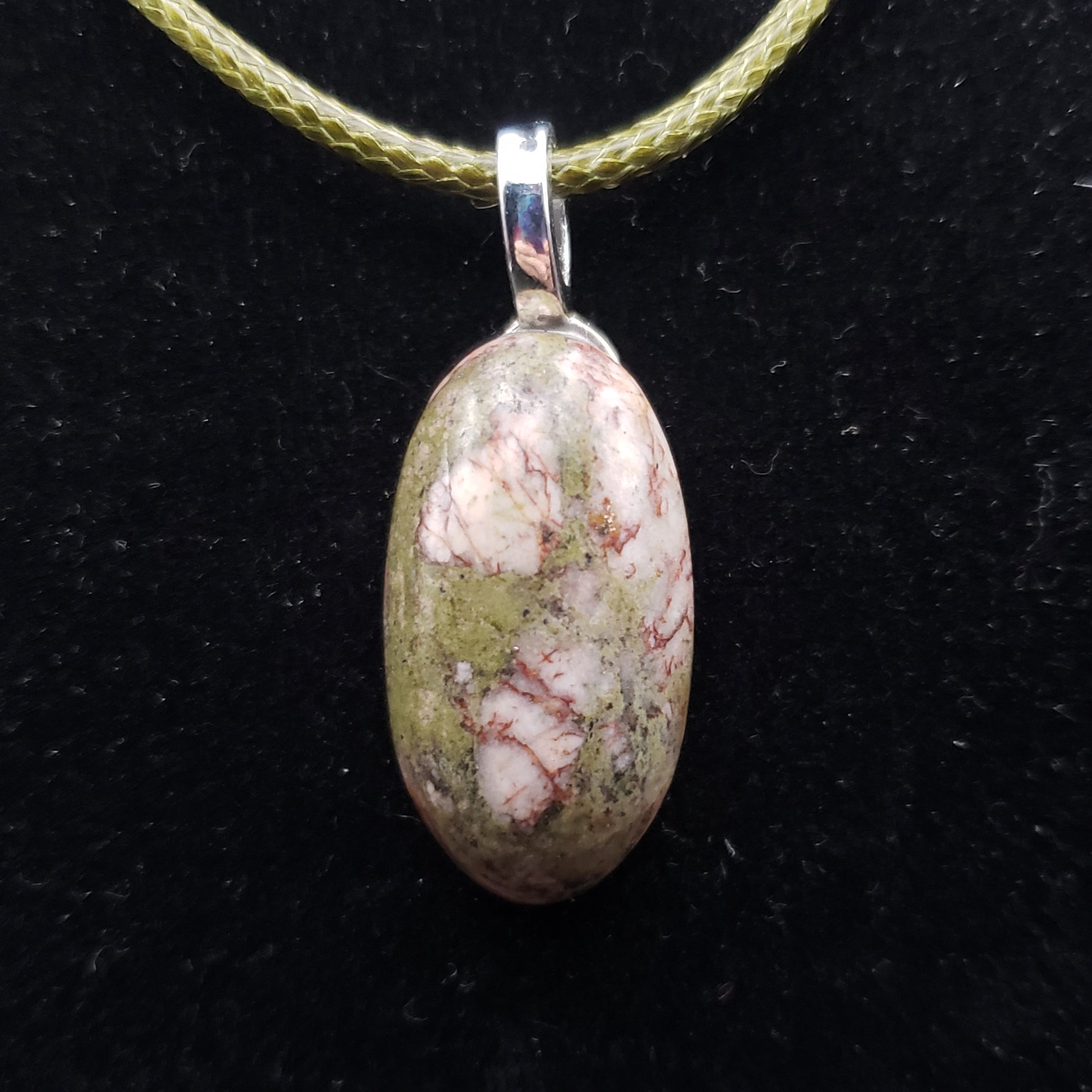 Green White Jasper 1 1/4" Oval Stone Agate Pendant Necklace 18" green cord (CJ00031) Simply CBD LLC